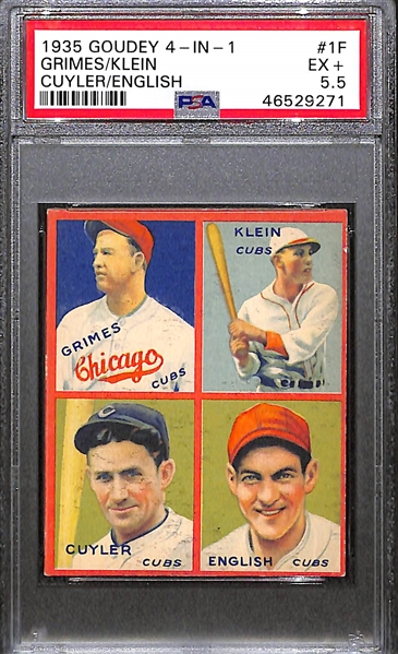 1935 Goudey 4-in-1 #1F Cuyler, English, Grimes, Klein Graded PSA 5.5